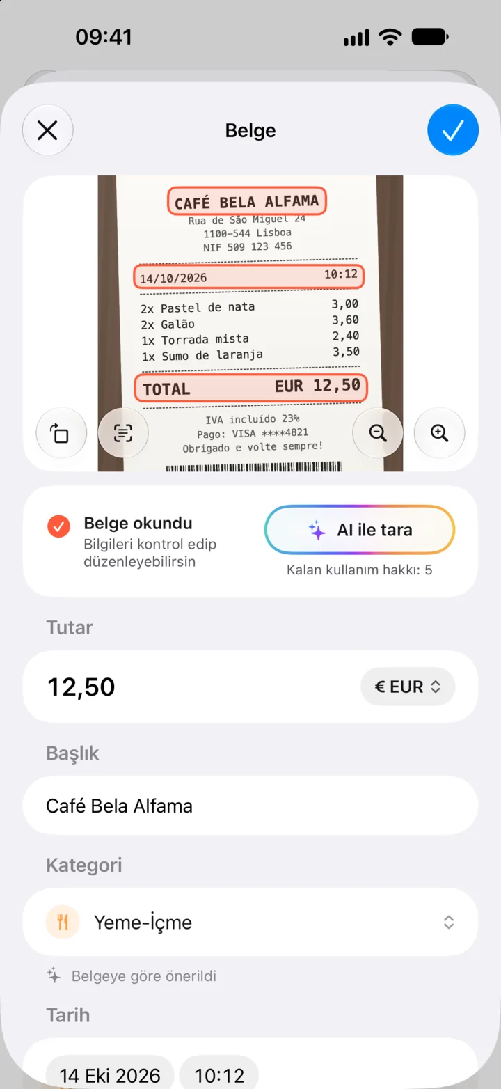 Fişi tara, tutar ve başlık dolsun