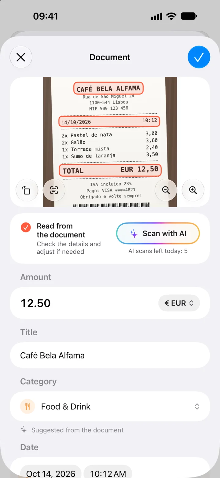 Scan a receipt, the amount and title fill in